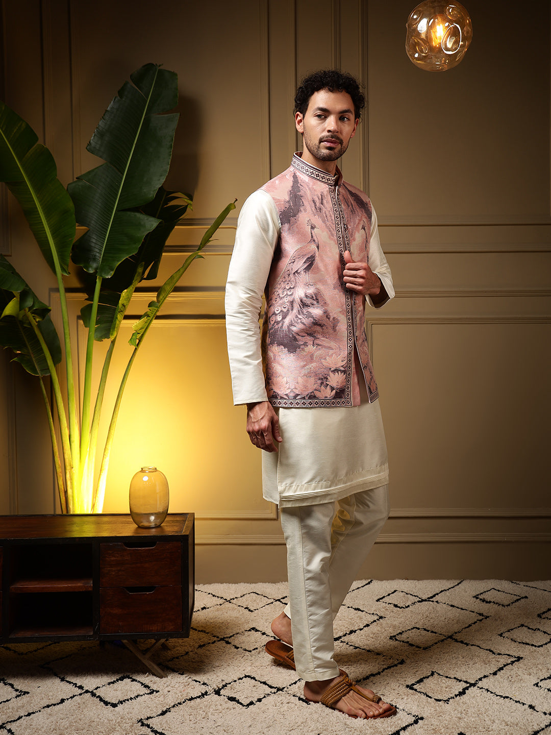 Jyoti Fashion Men's Wine Slub Silk Jacquard 3D Weaving Kurta Set with Koti - Distacart