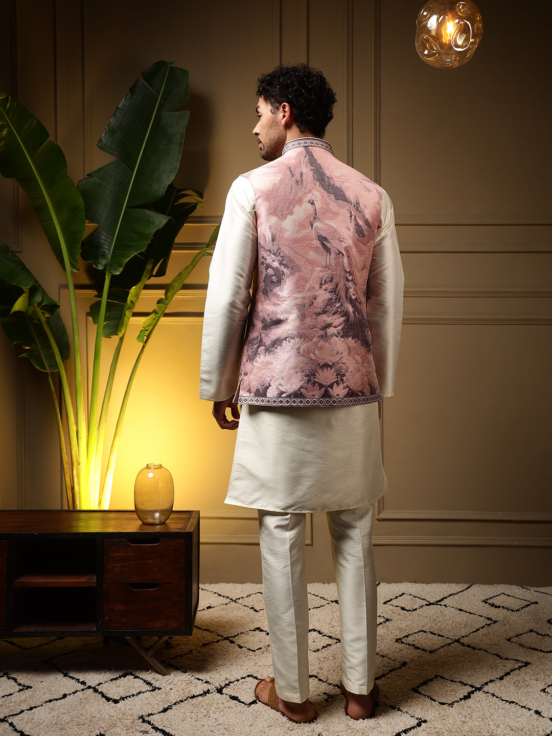 Jyoti Fashion Men's Wine Slub Silk Jacquard 3D Weaving Kurta Set with Koti - Distacart