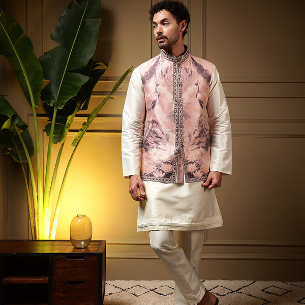 Jyoti Fashion Men's Wine Slub Silk Jacquard 3D Weaving Kurta Set with Koti - Distacart
