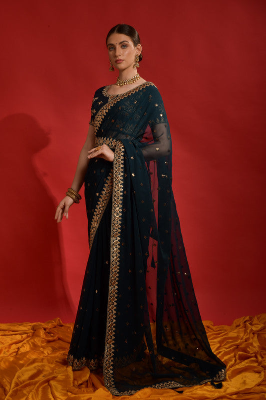 Jyoti Fashion Women's Morpich Sequence Coding Embroidery Georgette Saree with Blouse - Distacart