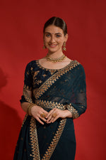 Thumbnail for Jyoti Fashion Women's Morpich Sequence Coding Embroidery Georgette Saree with Blouse - Distacart