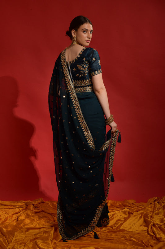 Jyoti Fashion Women's Morpich Sequence Coding Embroidery Georgette Saree with Blouse - Distacart