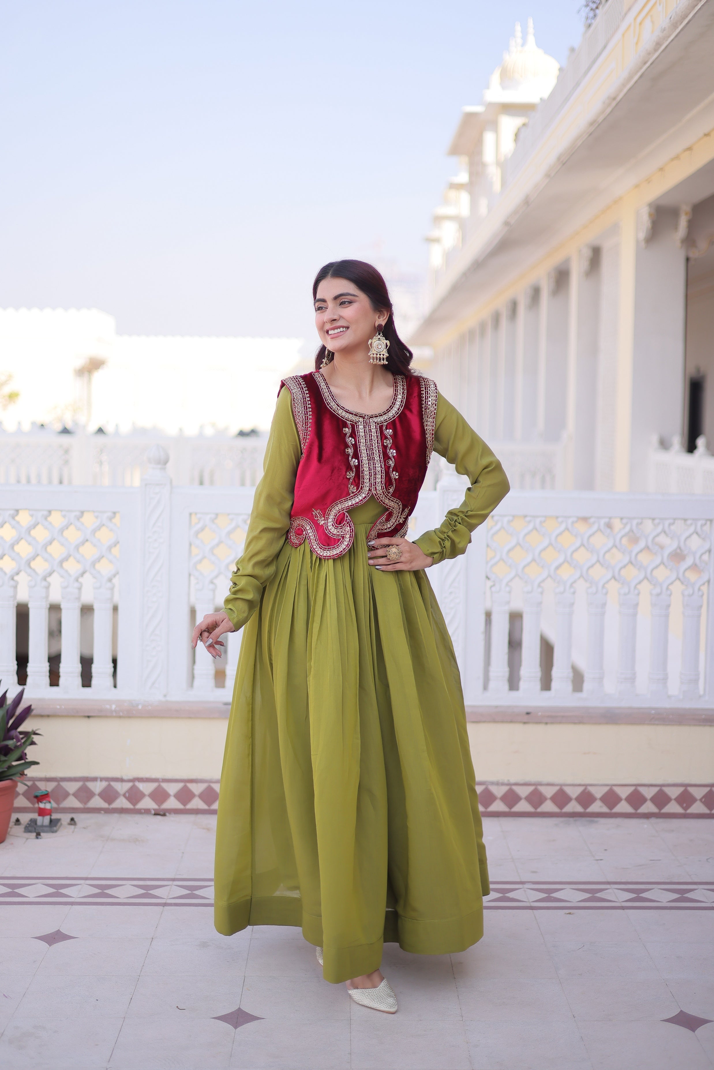 Jyoti Fashion Green Mal Chanderi Designer Anarkali Gown with Koti - Distacart