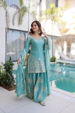 Thumbnail for Jyoti Fashion Sky Blue Fendy Crush Embroidered Designer Sharara & Sets - Distacart