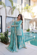Thumbnail for Jyoti Fashion Sky Blue Fendy Crush Embroidered Designer Sharara & Sets - Distacart