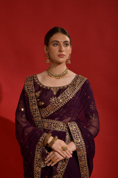 Jyoti Fashion Women's Wine Sequence Coding Embroidery Georgette Saree with Blouse - Distacart