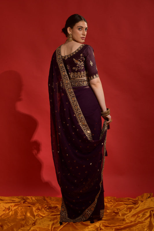 Jyoti Fashion Women's Wine Sequence Coding Embroidery Georgette Saree with Blouse - Distacart