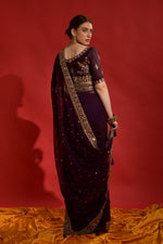 Thumbnail for Jyoti Fashion Women's Wine Sequence Coding Embroidery Georgette Saree with Blouse - Distacart