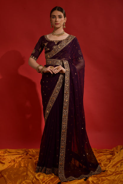 Jyoti Fashion Women's Wine Sequence Coding Embroidery Georgette Saree with Blouse - Distacart