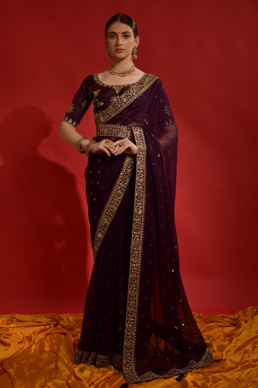 Jyoti Fashion Women's Wine Sequence Coding Embroidery Georgette Saree with Blouse - Distacart