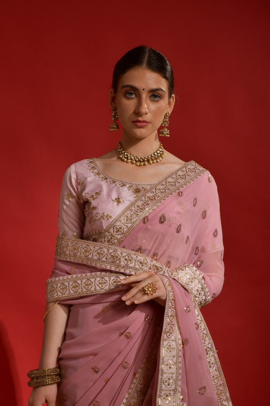 Jyoti Fashion Women's Peach Sequence Coding Embroidery Georgette Saree with Blouse - Distacart