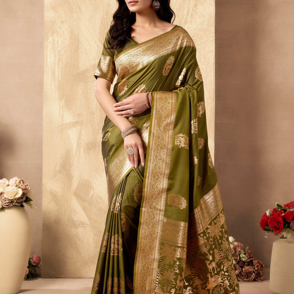 Jyoti Fashion Women's Mehendi Silk Zari Woven Saree with Blouse - Distacart