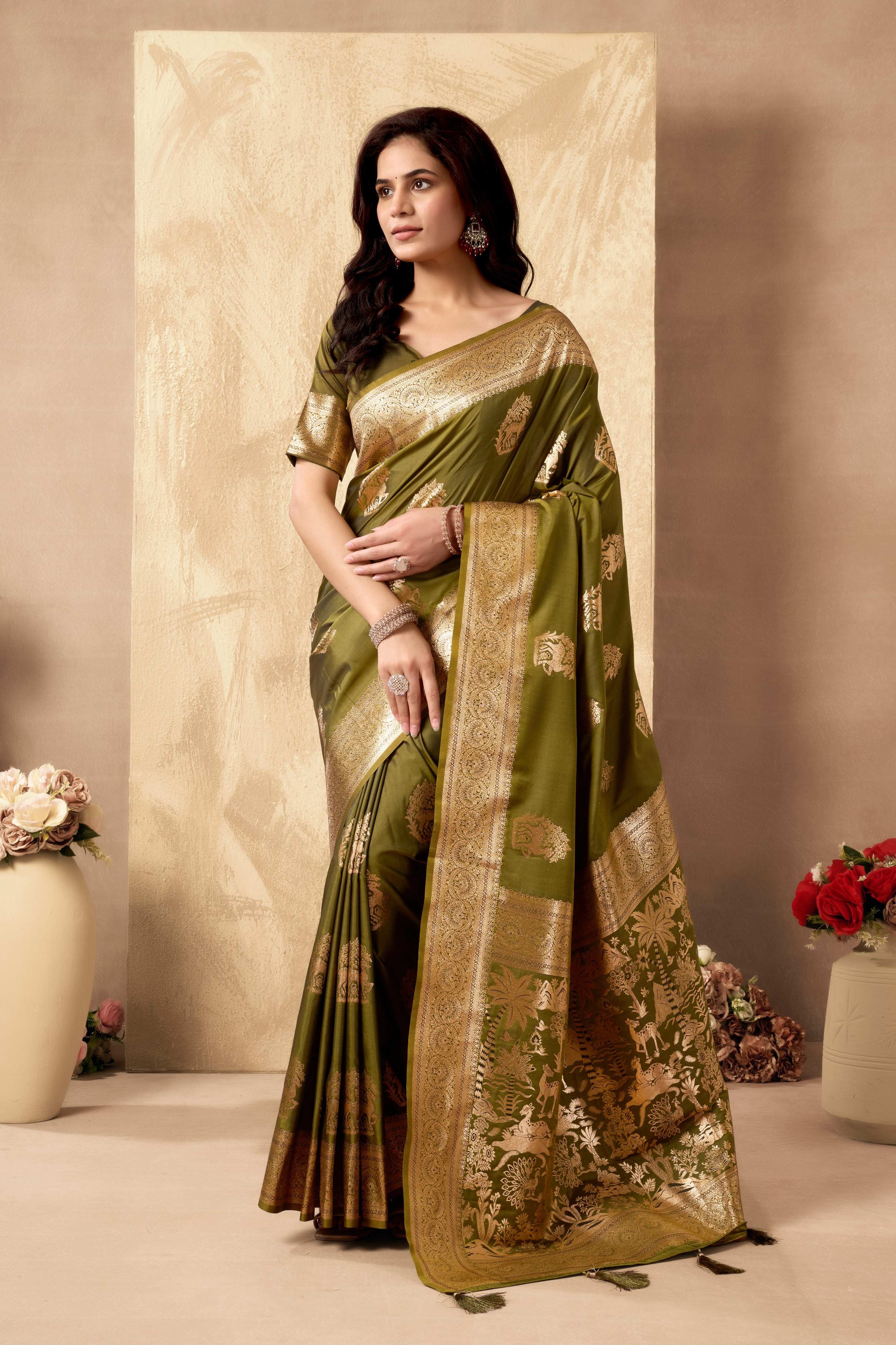 Jyoti Fashion Women's Mehendi Silk Zari Woven Saree with Blouse - Distacart