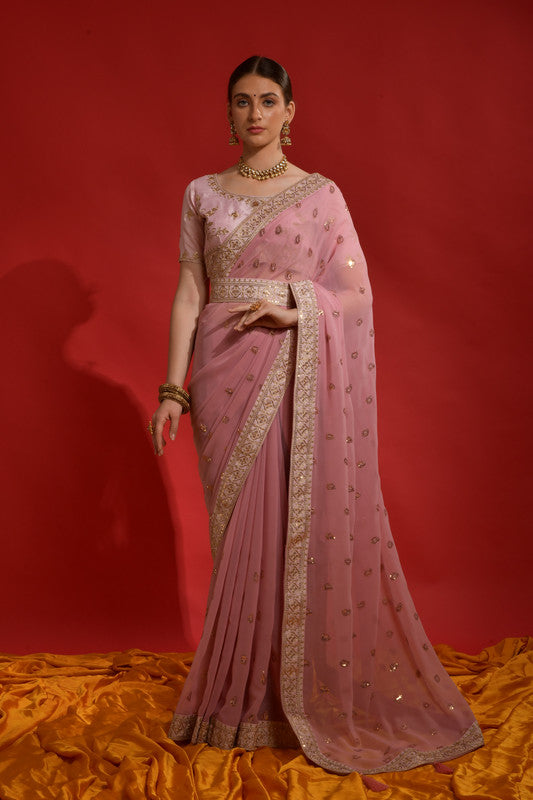Jyoti Fashion Women's Peach Sequence Coding Embroidery Georgette Saree with Blouse - Distacart