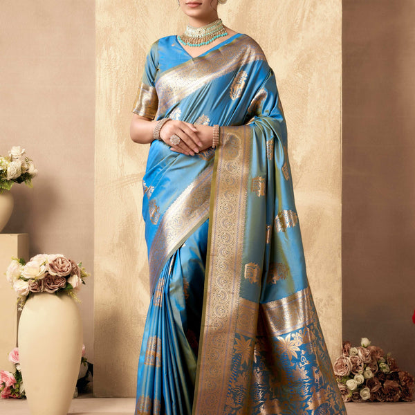 Jyoti Fashion Women's Sky Blue Silk Zari Woven Saree with Blouse - Distacart