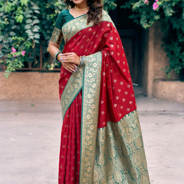 Jyoti Fashion Women's Red Silk Zari Woven Saree with Blouse - Distacart
