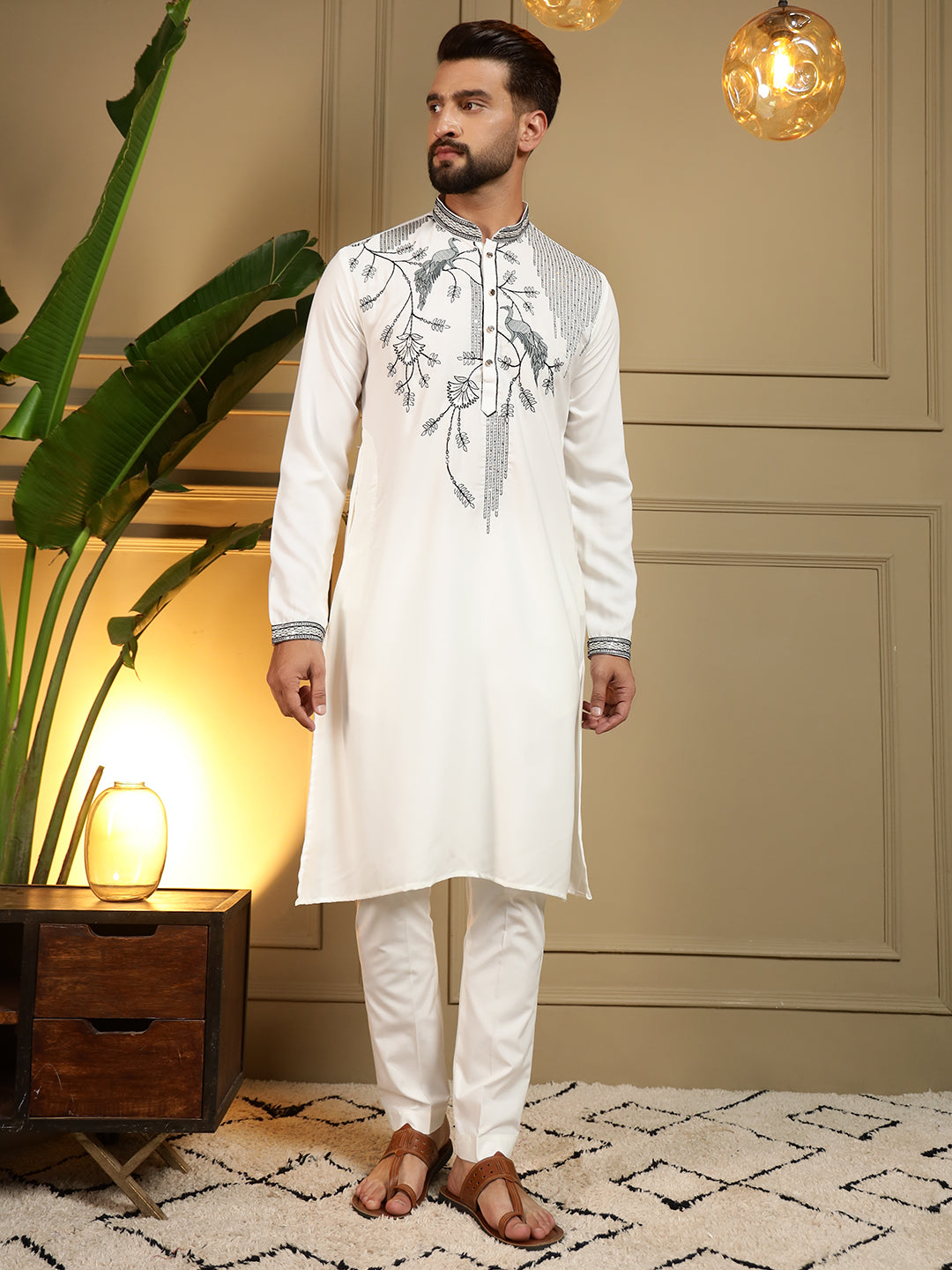 Jyoti Fashion Men's White Viscose Silk Sequins Embroidered Kurta with Pajama - Distacart
