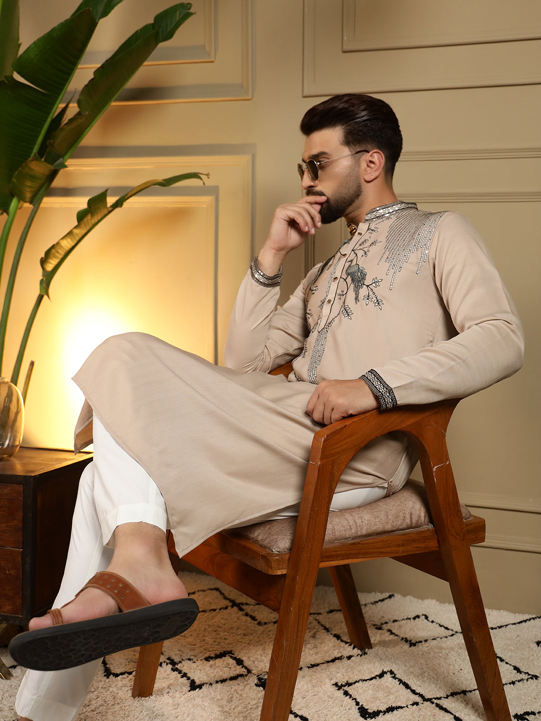 Jyoti Fashion Men's Beige Viscose Silk Sequins Embroidered Kurta with Pajama - Distacart
