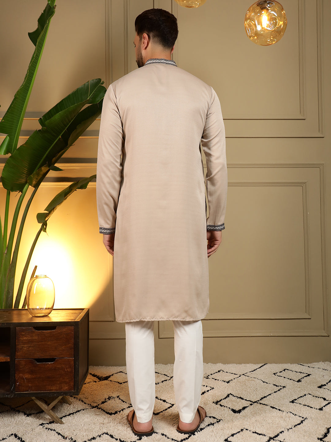 Jyoti Fashion Men's Beige Viscose Silk Sequins Embroidered Kurta with Pajama - Distacart