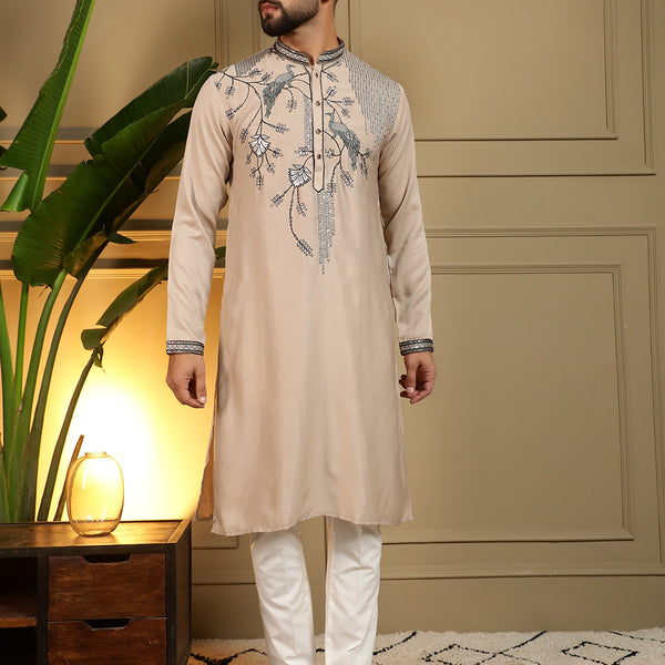 Jyoti Fashion Men's Beige Viscose Silk Sequins Embroidered Kurta with Pajama - Distacart