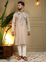 Thumbnail for Jyoti Fashion Men's Beige Viscose Silk Sequins Embroidered Kurta with Pajama - Distacart