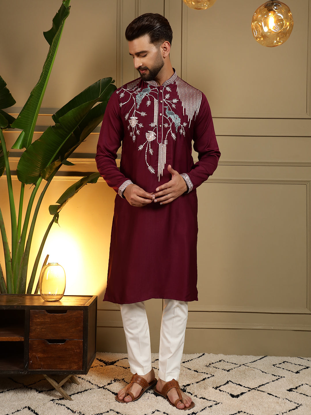 Jyoti Fashion Men's Maroon Viscose Silk Sequins Embroidered Kurta with Pajama - Distacart