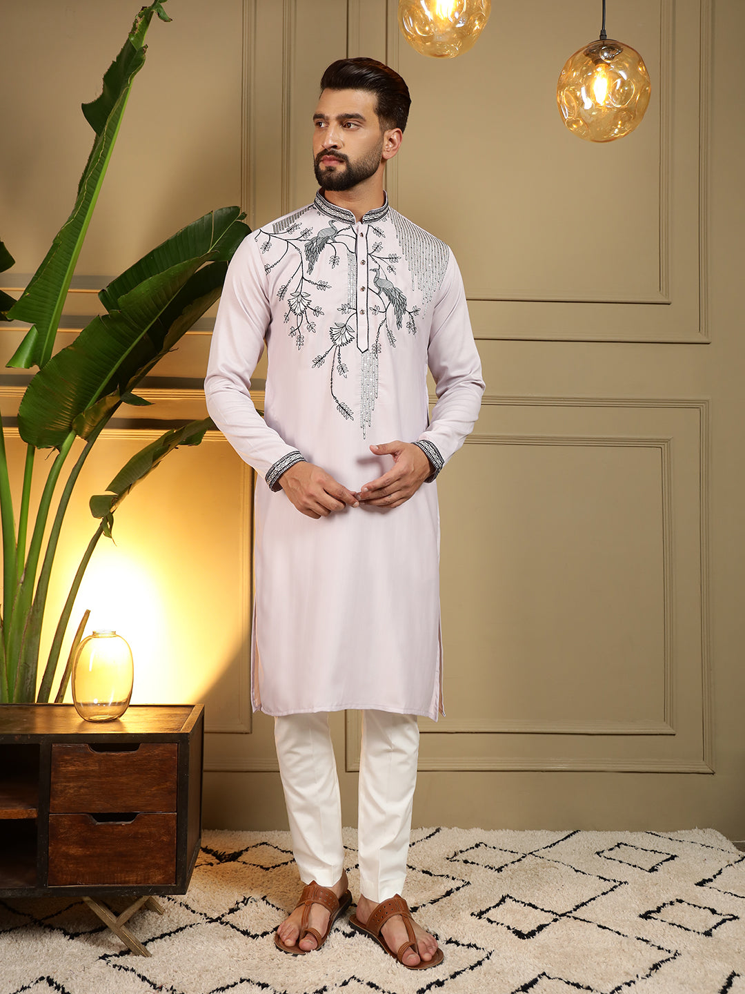 Jyoti Fashion Men's Lavender Viscose Silk Sequins Embroidered Kurta with Pajama - Distacart