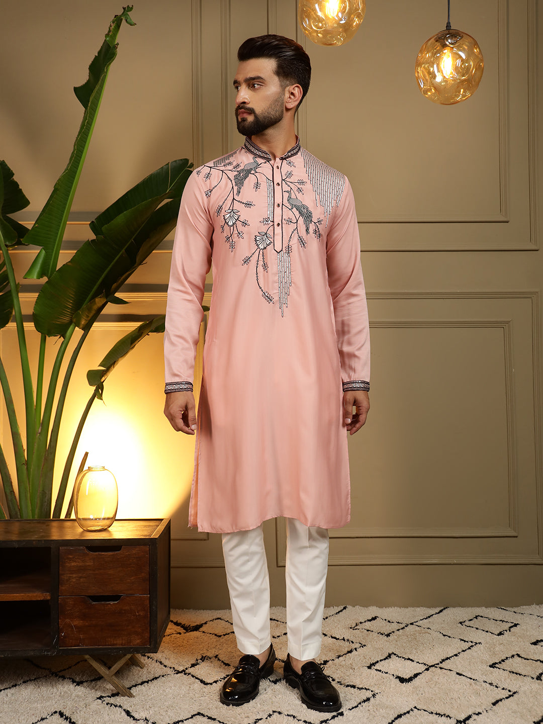 Jyoti Fashion Men's Peach Viscose Silk Sequins Embroidered Kurta with Pajama - Distacart
