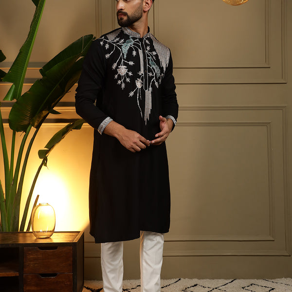 Jyoti Fashion Men's Black Viscose Silk Sequins Embroidered Kurta with Pajama - Distacart