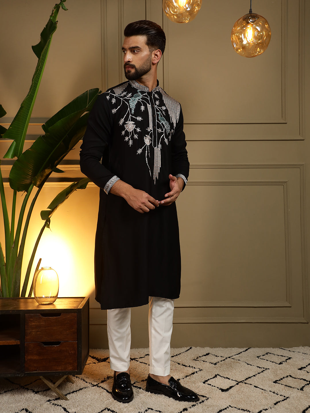 Jyoti Fashion Men's Black Viscose Silk Sequins Embroidered Kurta with Pajama - Distacart