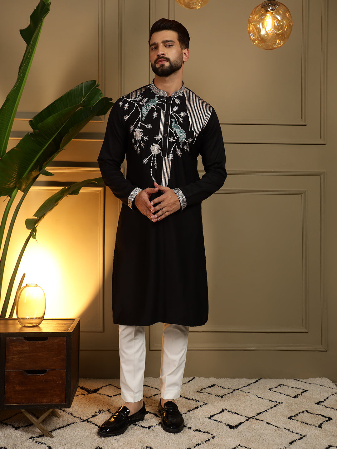 Jyoti Fashion Men's Black Viscose Silk Sequins Embroidered Kurta with Pajama - Distacart