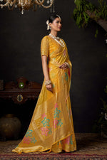 Thumbnail for Jyoti Fashion Women's Yellow Organza Khadi Zari Woven Saree with Blouse - Distacart