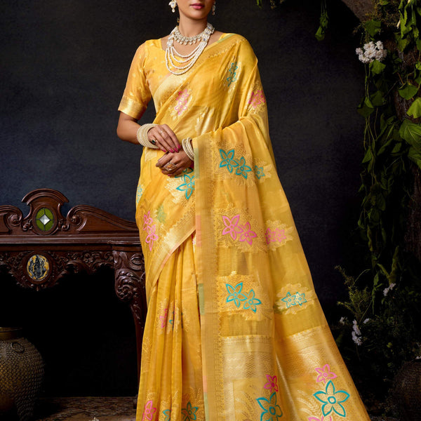 Jyoti Fashion Women's Yellow Organza Khadi Zari Woven Saree with Blouse - Distacart