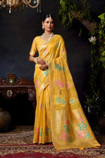 Thumbnail for Jyoti Fashion Women's Yellow Organza Khadi Zari Woven Saree with Blouse - Distacart