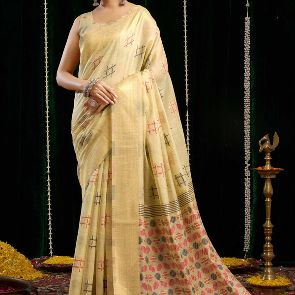 Jyoti Fashion Women's Beige Soft Spun Cotton Zari Woven Saree with Blouse - Distacart