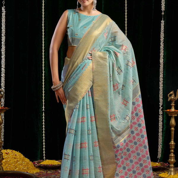 Jyoti Fashion Women's Turquoise Soft Spun Cotton Zari Woven Saree with Blouse - Distacart