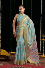 Thumbnail for Jyoti Fashion Women's Turquoise Soft Spun Cotton Zari Woven Saree with Blouse - Distacart