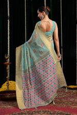 Thumbnail for Jyoti Fashion Women's Turquoise Soft Spun Cotton Zari Woven Saree with Blouse - Distacart