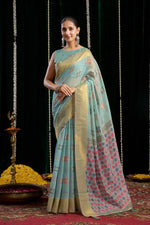 Thumbnail for Jyoti Fashion Women's Turquoise Soft Spun Cotton Zari Woven Saree with Blouse - Distacart