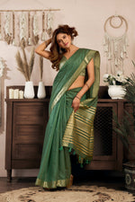 Thumbnail for Jyoti Fashion Women's Bottle Green Khadi Cotton Zari Woven Saree with Blouse - Distacart