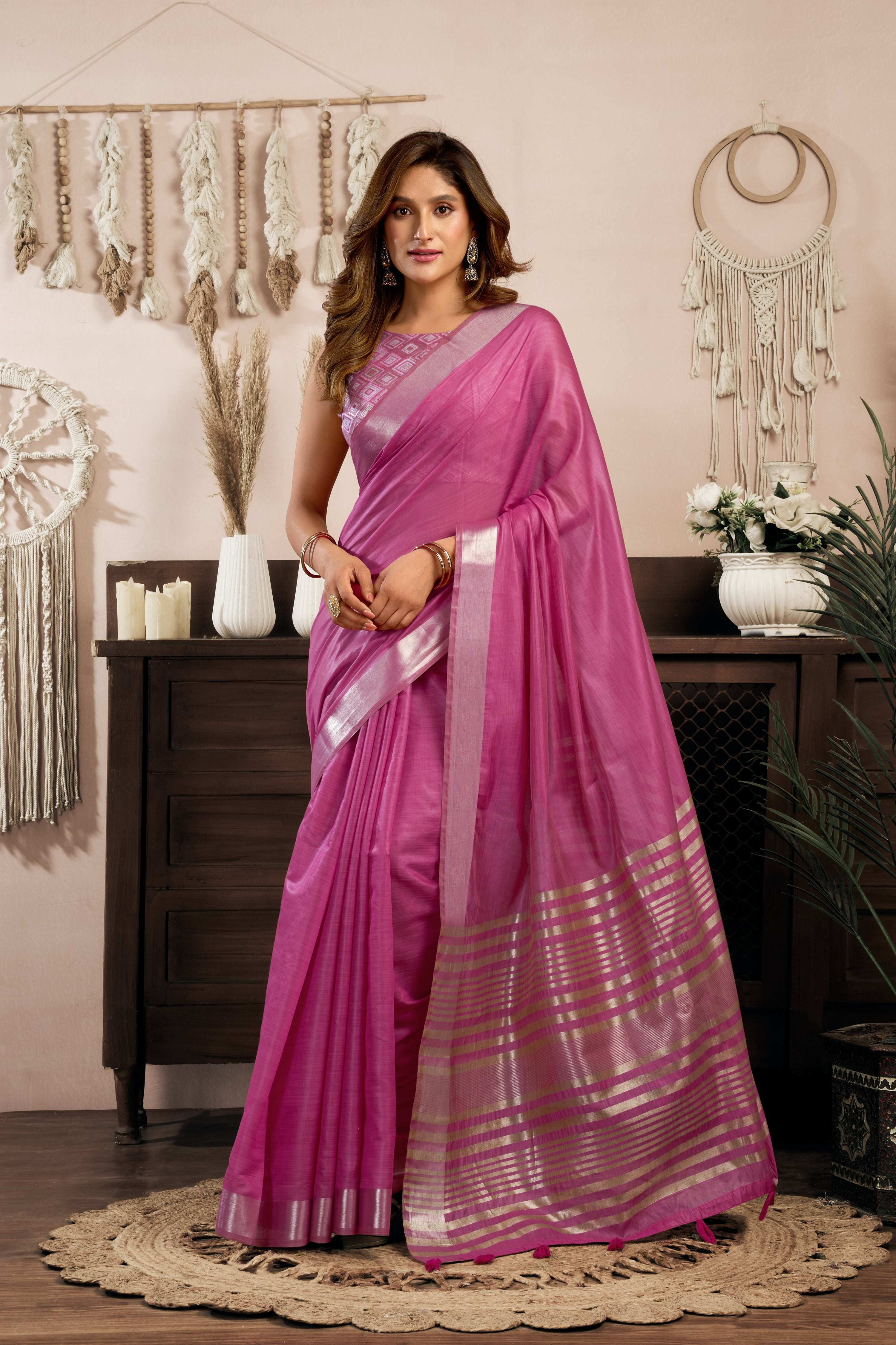 Jyoti Fashion Women's Magenta Khadi Cotton Zari Woven Saree with Blouse - Distacart
