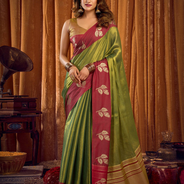Jyoti Fashion Women's Green Soft Tissue Zari Woven Saree with Blouse - Distacart