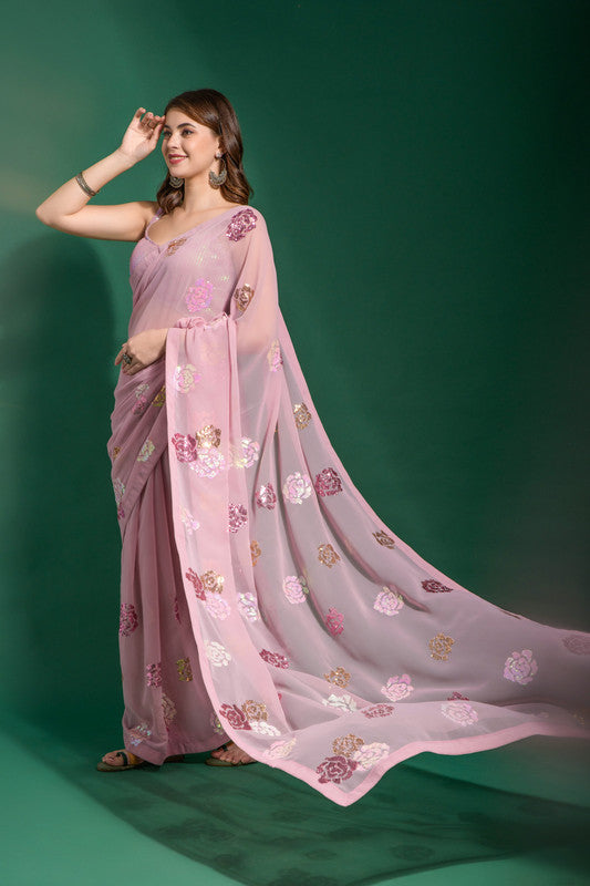 Jyoti Fashion Women's Pink Sequence Georgette Saree with Blouse - Distacart