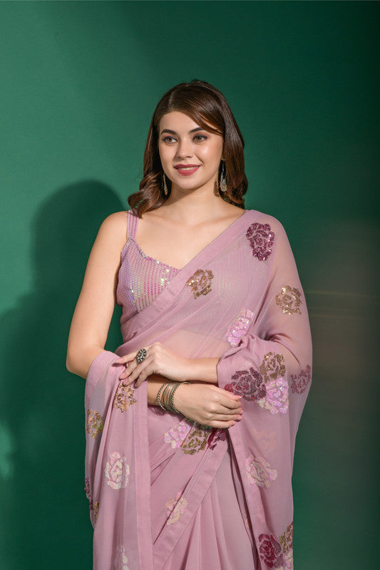 Jyoti Fashion Women's Pink Sequence Georgette Saree with Blouse - Distacart