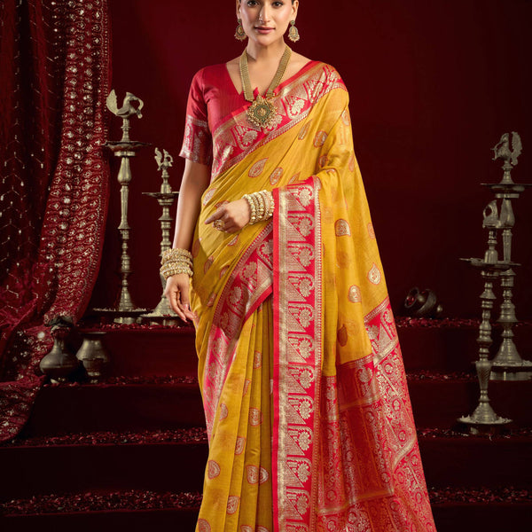 Jyoti Fashion Women's Yellow Modal Banarasi Zari Woven Saree with Blouse - Distacart