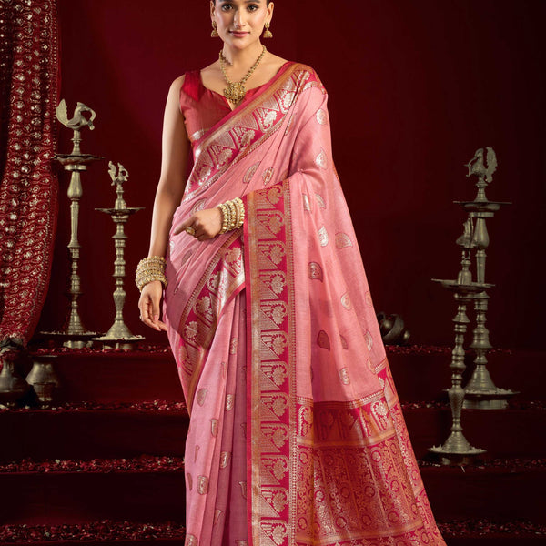 Jyoti Fashion Women's Baby Pink Modal Banarasi Zari Woven Saree with Blouse - Distacart