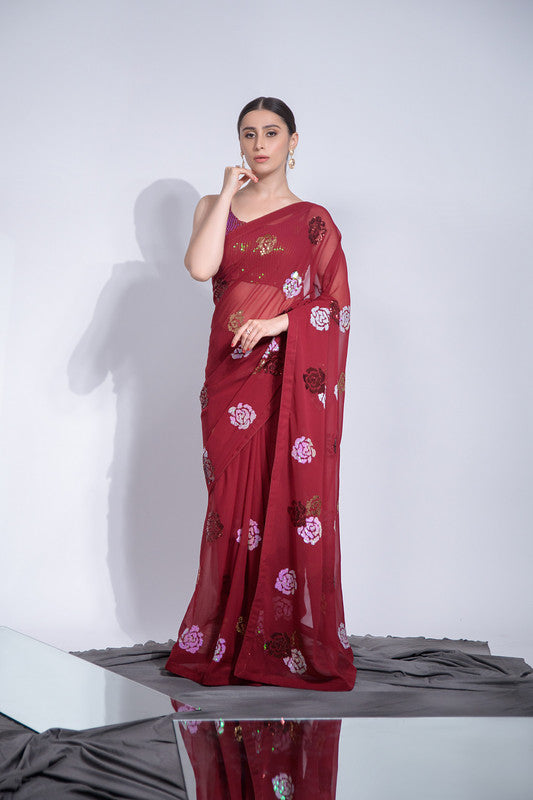 Jyoti Fashion Women's Maroon Sequence Georgette Saree with Blouse - Distacart