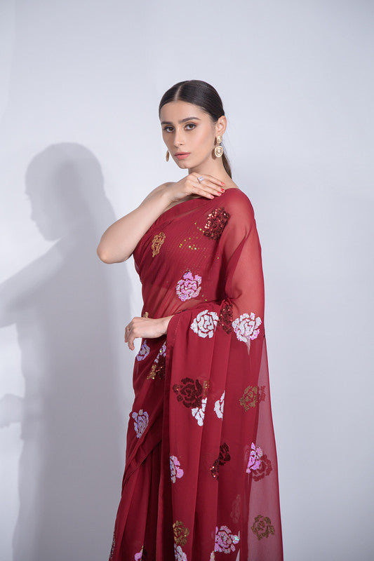 Jyoti Fashion Women's Maroon Sequence Georgette Saree with Blouse - Distacart