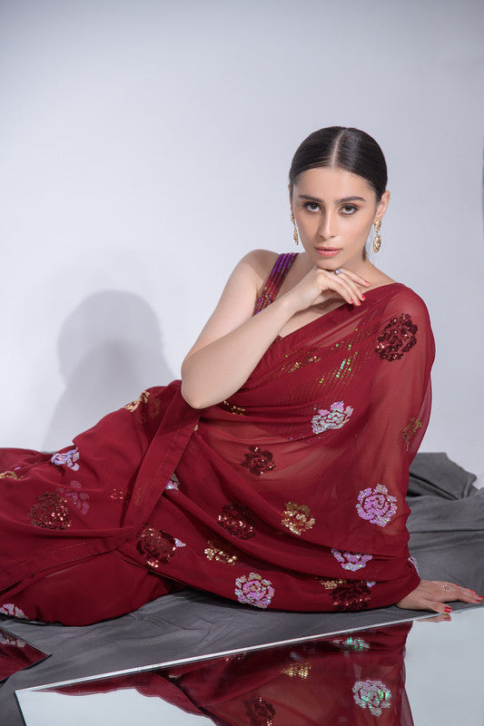 Jyoti Fashion Women's Maroon Sequence Georgette Saree with Blouse - Distacart
