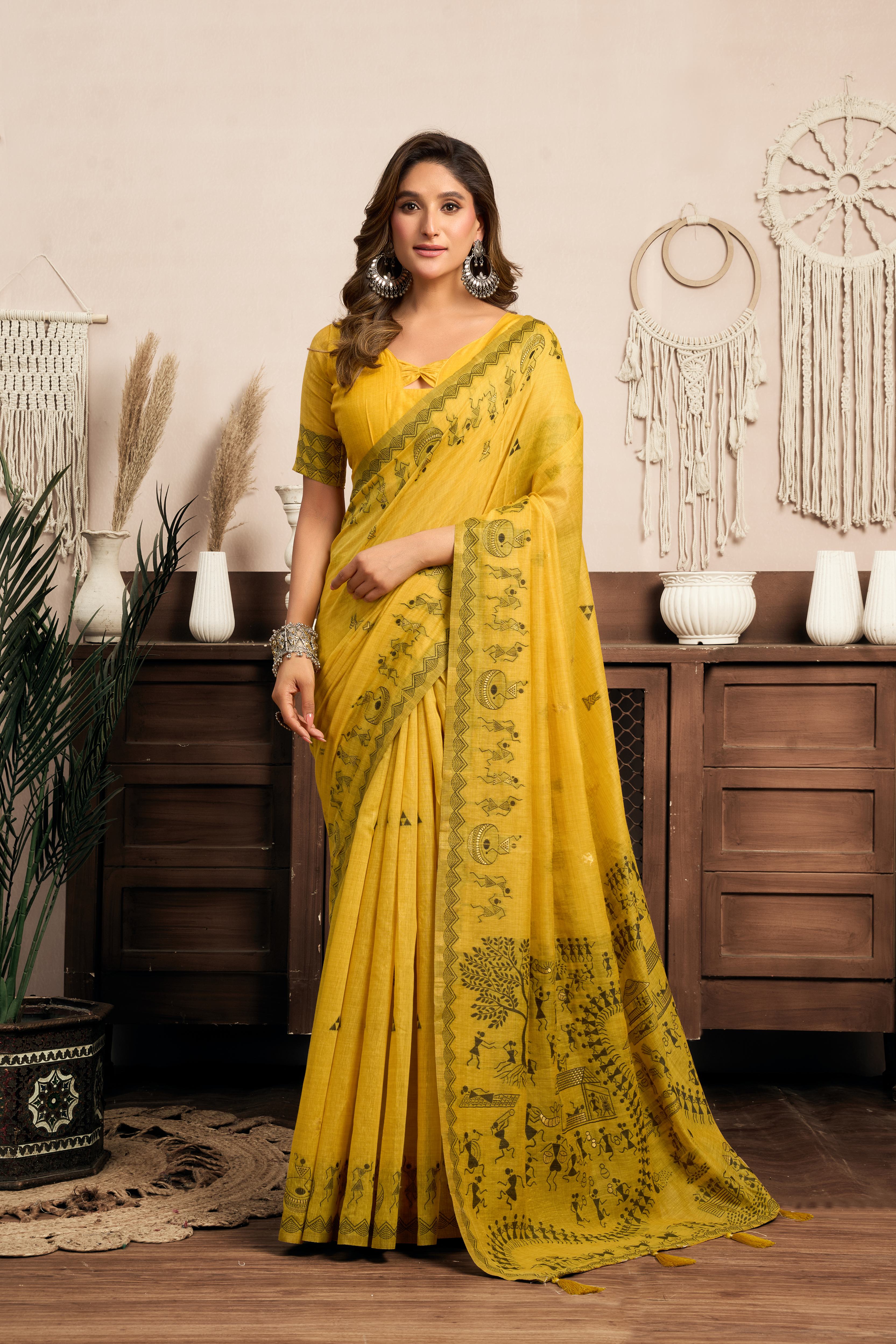 Jyoti Fashion Women's Mustard Modal Art Silk Warli Work Saree with Blouse - Distacart